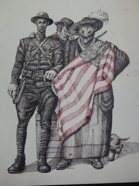 Frank Gutierrez American Doughboy and Rat-In-Boots Lady with Flag Drawing
