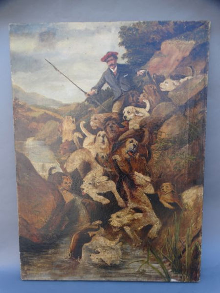 P1363 19th Century English Rare Otter Hunting Scene Oil on Canvas after a print by John Charlton