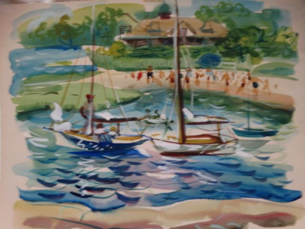 California Watercolor of Sailboats and Beach