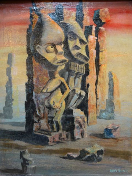 Mid Century Modern Ethnographic Tiki Gods Oil on Canvas by Auvi Bunz