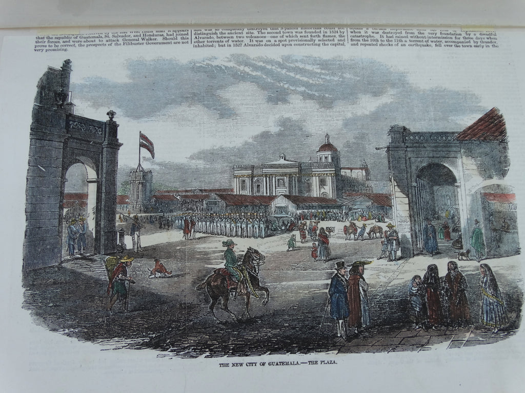 Engraving, Hand Painted “The New City of Guatemala – The Plaza”, 1856