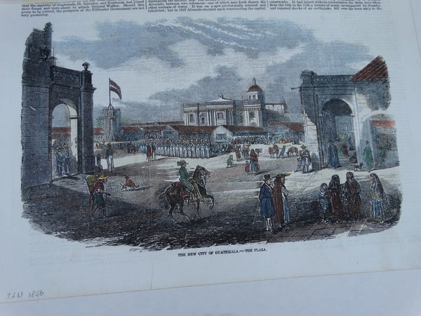 Engraving, Hand Painted “The New City of Guatemala – The Plaza”, 1856