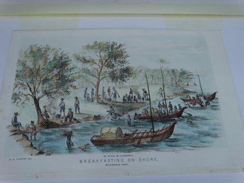 Engraving, Hand Painted “Breakfasting on Shore, Nicaragua Lake” by J. Cameron