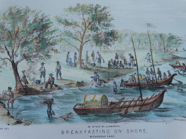 Engraving, Hand Painted “Breakfasting on Shore, Nicaragua Lake” by J. Cameron