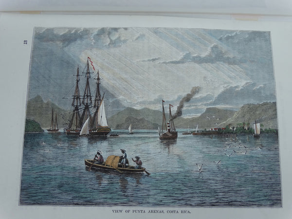 Wood Engraving, Hand Painted “View of Punta Arenas, Costa Rica” circa 1880.