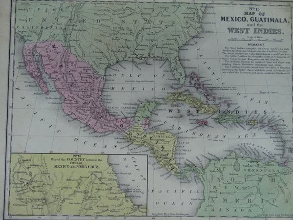 Engraving, Hand Painted “Map of Mexico, Guatemala and West Indies”, 1849