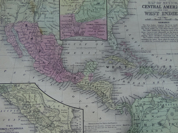 Original Engraving, Hand Painted Copperplate “Map of Mexico, Central America, and the West Indies” 1849