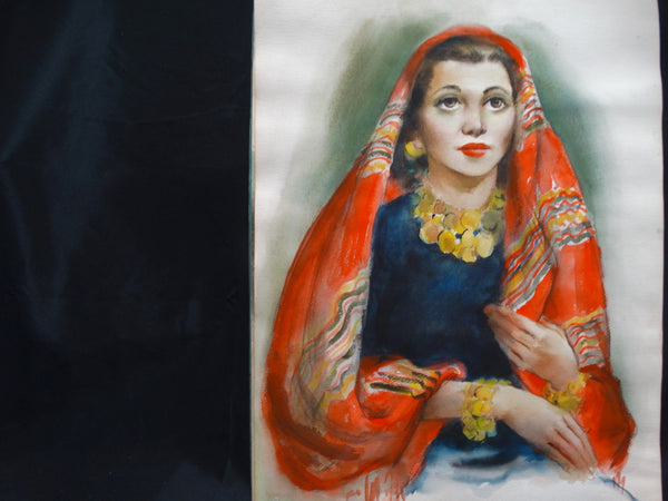 Woman In Mexican Shawl Anonymous Watercolor 1940s