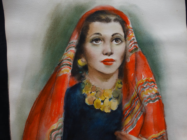 Woman In Mexican Shawl Anonymous Watercolor 1940s