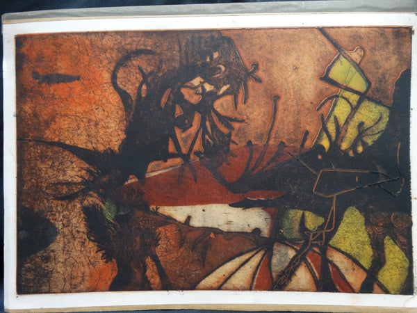 Mid-Century Modern Semi-Abstract Autumnal Lithograph