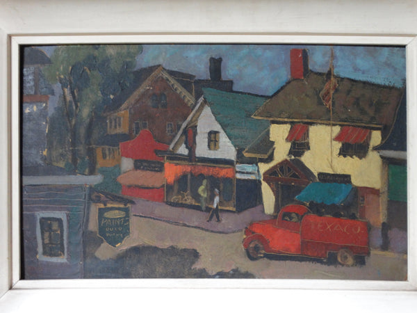 New England Modernist Village Scene Oil on Board P2312