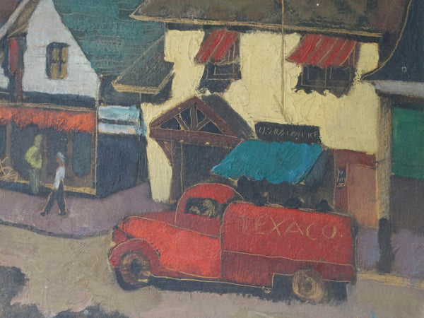 New England Modernist Village Scene Oil on Board P2312
