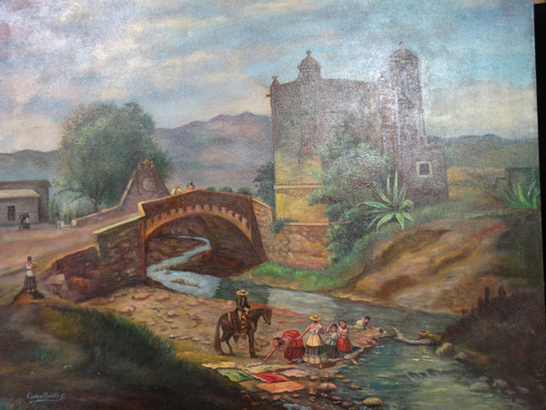 Carlos Murillo - Women & Children at the Stream by the Bridge next to the Church c 1900 P2439