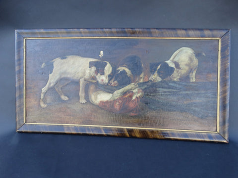 Victorian Oil Painting of Puppies Playing with an Umbrella