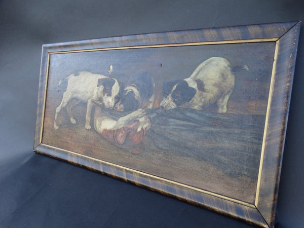 Victorian Oil Painting of Puppies Playing with an Umbrella