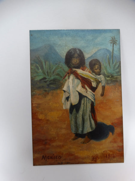 Tiny Oil Painting on Tin - Mexican Child Carrying a Baby 1914 P2525