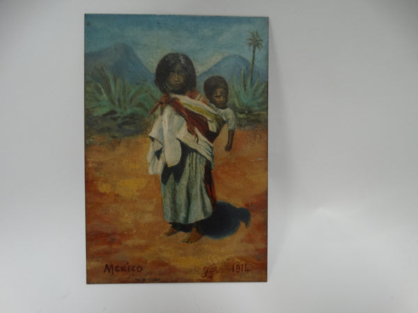 Tiny Oil Painting on Tin - Mexican Child Carrying a Baby 1914 P2525