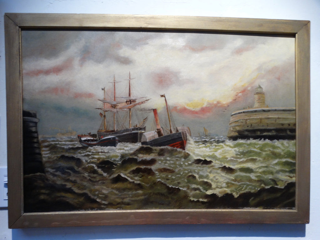 19th Century Marine Painting Harbor Scene Oil on Canvas P2528