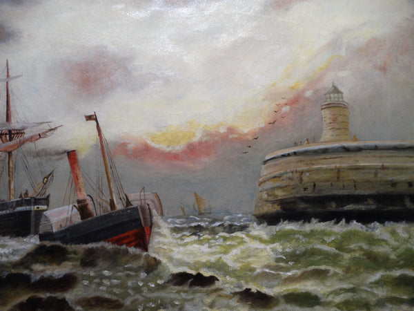 19th Century Marine Painting Harbor Scene Oil on Canvas P2528