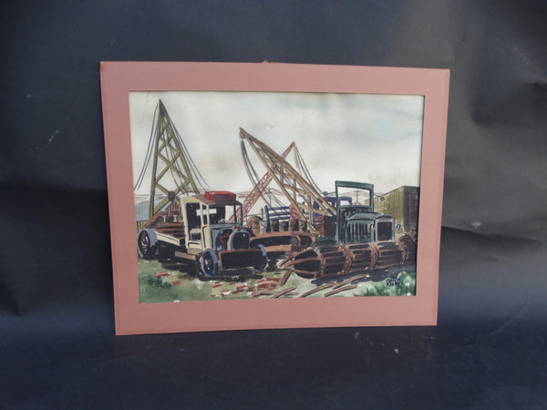 Marion Kramer -  Regionalist Watercolor - Winch Trucks in an Industrial Yard 1930s