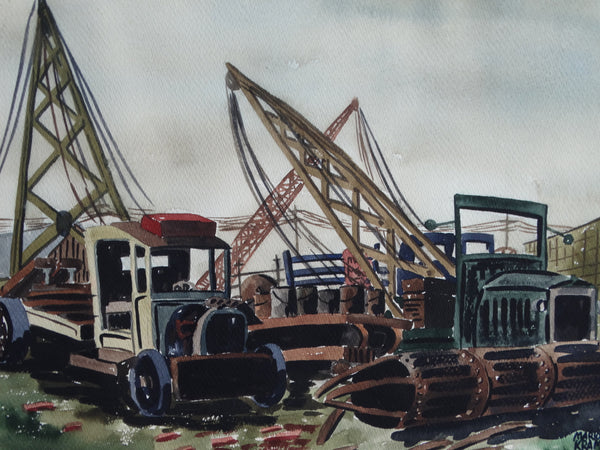 Marion Kramer -  Regionalist Watercolor - Winch Trucks in an Industrial Yard 1930s