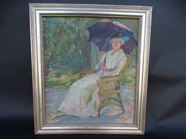 Lady with a Parasol in Dappled Shade c 1910 Impressionist Oil On Canvas