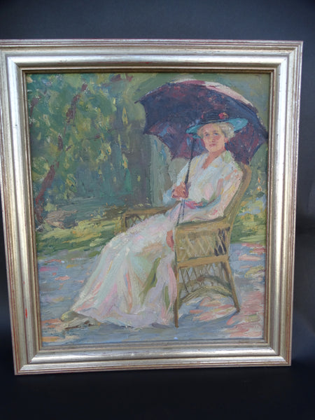 Lady with a Parasol in Dappled Shade c 1910 Impressionist Oil On Canvas