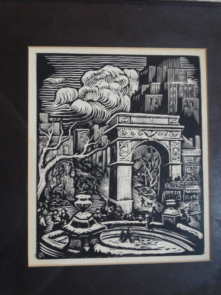 Washington Square, Greenwich Village Block Print c 1940