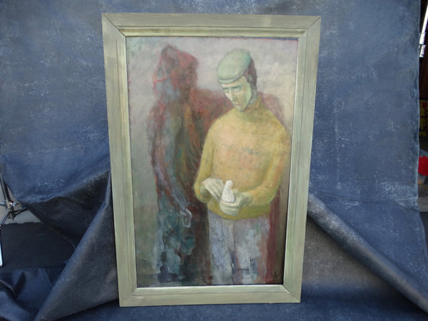 Jorgen Hansen - Man Holding Dove in the Company of His Shadow - Oil on Board 1960s