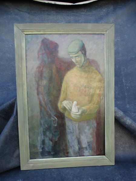 Jorgen Hansen - Man Holding Dove in the Company of His Shadow - Oil on Board 1960s