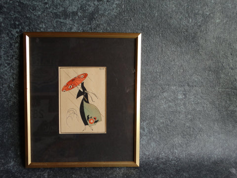 Lady In The Rain - Édouard Halouze - Small Pochoir c 1920 - Boudoir Art P2560