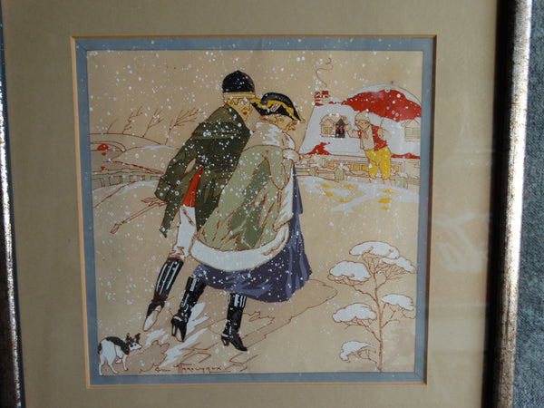 Huntsman and his Huntswoman Seeking Shelter in a Snowstorm: Romantic Pochoir - Boudoir Art 1920s