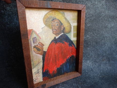 Portrait of a Man in a Red Serape and a Sombrero Oil on Canvas c 1940s P2575