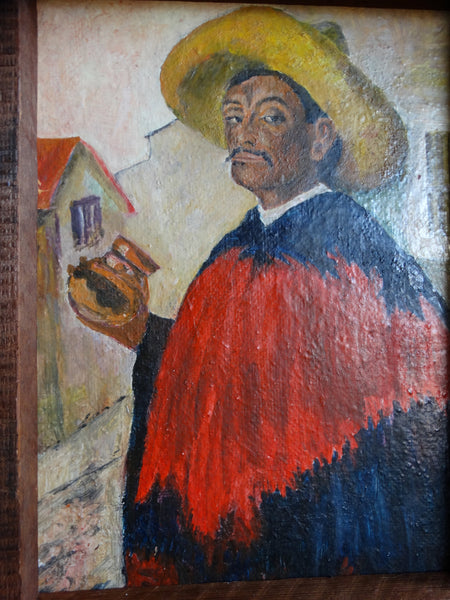 Portrait of a Man in a Red Serape and a Sombrero Oil on Canvas c 1940s P2575