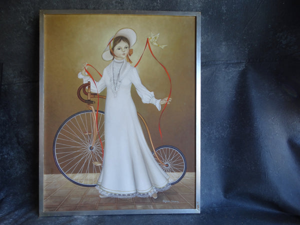 Alejandro Camarena (1942-2011) - Girl with A Penny Farthing Bicycle, a Dove And A Long Red Ribbon P2581