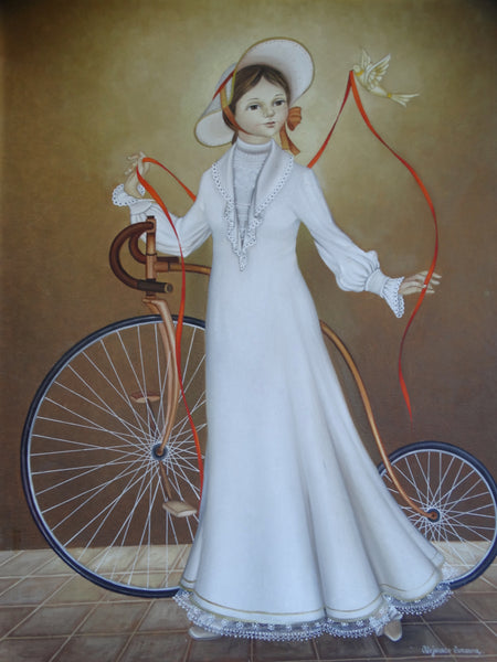 Alejandro Camarena (1942-2011) - Girl with A Penny Farthing Bicycle, a Dove And A Long Red Ribbon P2581