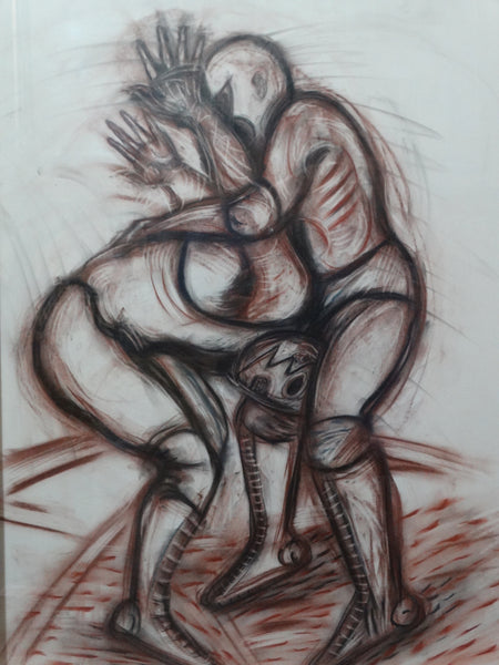 Ixrael- 2001 - Luchadores (The Wrestlers) - Charcoal and Conte Crayon Drawing P2596