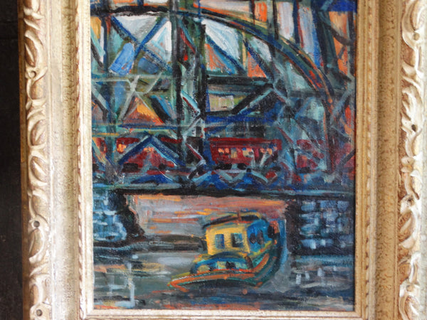 Modernist Cityscape - River Bridge - Oil on Board - P2602