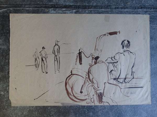 Jae Carmichael Four Men and a Harley Pen & Ink Sketch c 1951 P2615