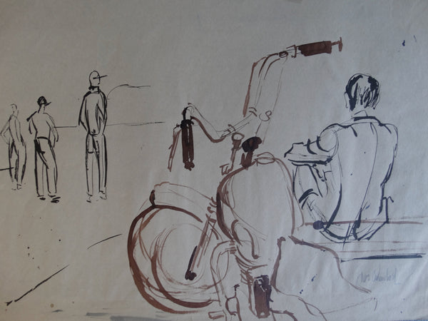Jae Carmichael Four Men and a Harley Pen & Ink Sketch c 1951 P2615