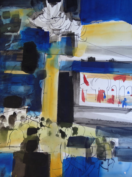 Jae Carmichael Modernist Theater Blue and Yellow Study 1960s Watercolor P2623
