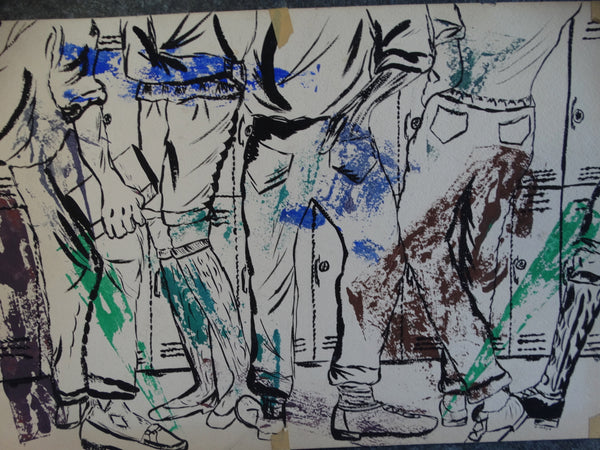 George Lloyd possible attribution 1950s High School Kids In The Hall India Ink and Watercolor P2625P2625