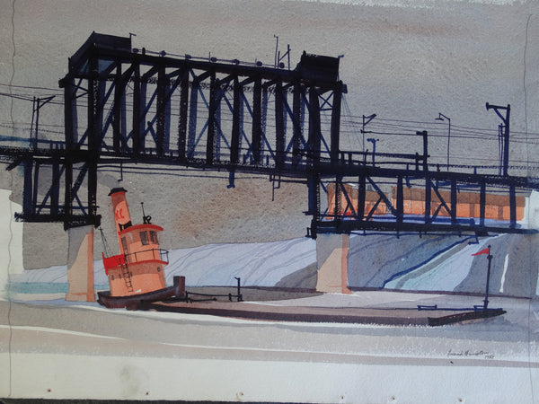 Frank Moss Hamilton - Drop Bridge  - 1952 Industrial Landscape Watercolor P2626