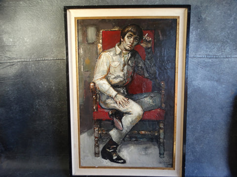 Bernard Locca (1926-1997)- Mod Young Man in a Red Chair 1960s Oil on Canvas P2646