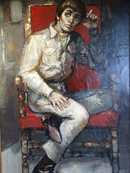 Bernard Locca (1926-1997)- Mod Young Man in a Red Chair 1960s Oil on Canvas P2646