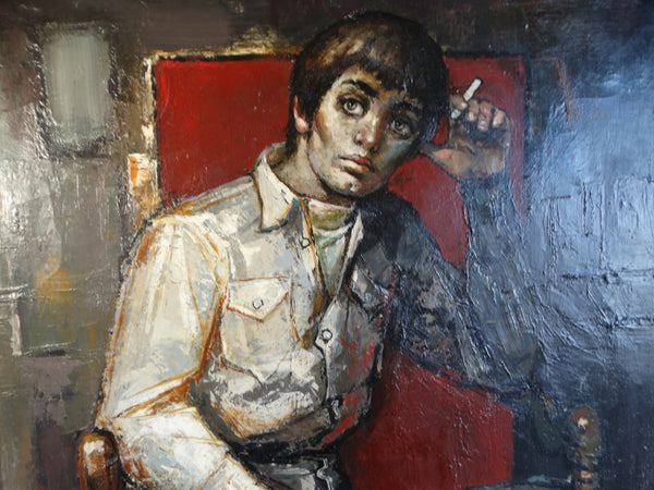 Bernard Locca (1926-1997)- Mod Young Man in a Red Chair 1960s Oil on Canvas P2646