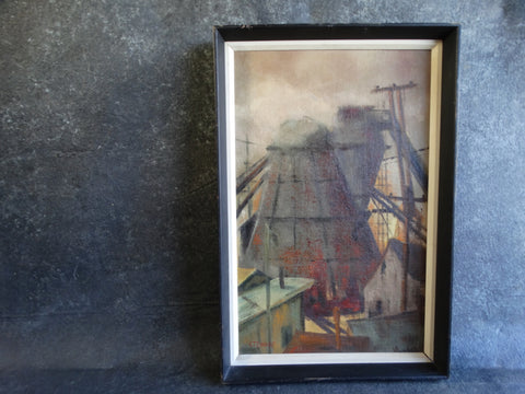 Pacific Northwest Industrial Scene - Teepee Burner - Signed Stewart - Oil on Canvas c 1940s P2649
