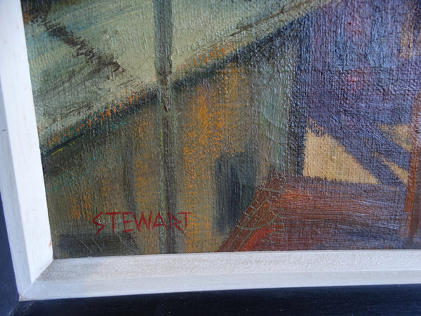 Pacific Northwest Industrial Scene - Teepee Burner - Signed Stewart - Oil on Canvas c 1940s P2649