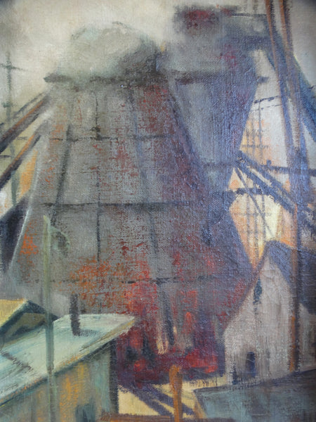 Pacific Northwest Industrial Scene - Teepee Burner - Signed Stewart - Oil on Canvas c 1940s P2649