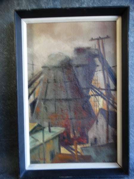 Pacific Northwest Industrial Scene - Teepee Burner - Signed Stewart - Oil on Canvas c 1940s P2649